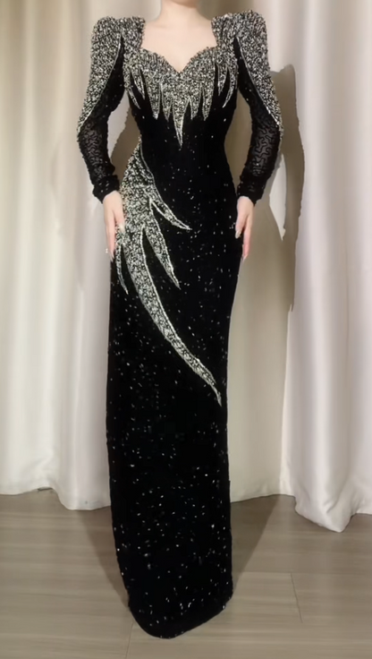 Glam Black Sheath Long Evening Dresses Velvet Beaded Long Sleeves Wedding Guest Dresses with Open Back DP04405