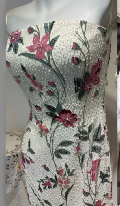 Elegant Sheath Long Prom Dresses Beaded Floral Chiffon Strapless Evening Dresses Sleeveless Birthday Dresses DP04408