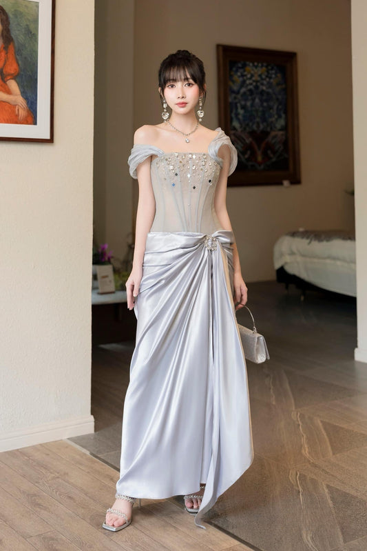 Elegant Light Gray Sheath Long Prom Dresses Satin Off-shoulder Evening Dresses Sleeveless Formal Dresses DP04410