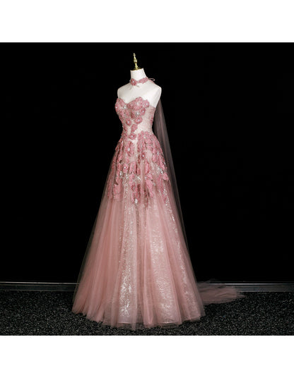 Gorgeous Strapless Birthday Dresses A-Line Peach Long Prom Dresses Appliques Beaded Tulle Sleevless Bridesmaid Dresses DP04423