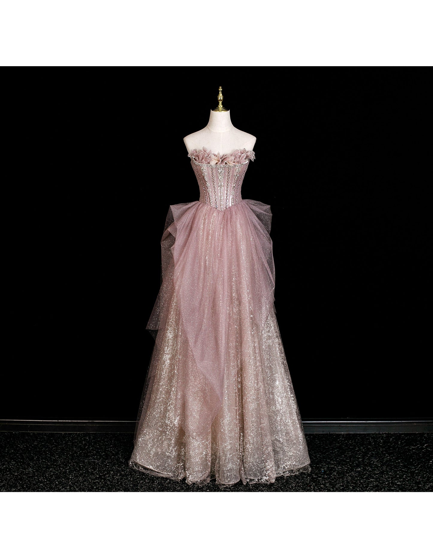 Gorgeous Off-shoulder Birthday Dresses A-Line Pink Long Prom Dresses Rhinstones Tulle Sleevless Evening Dresses DP04424