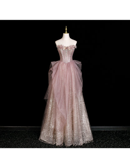 Gorgeous Off-shoulder Birthday Dresses A-Line Pink Long Prom Dresses Rhinstones Tulle Sleevless Evening Dresses DP04424