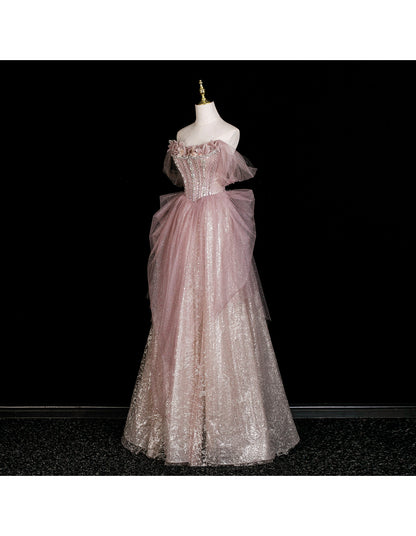 Gorgeous Off-shoulder Birthday Dresses A-Line Pink Long Prom Dresses Rhinstones Tulle Sleevless Evening Dresses DP04424