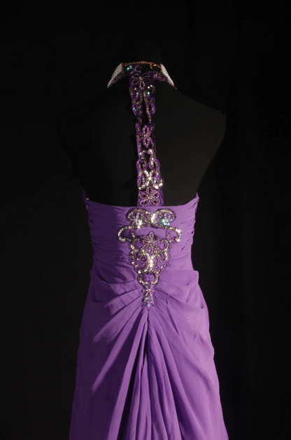 Elegant Sheath Purple Long Prom Dresses V-neck Birthday Dresses Beaded Chiffon Sleevless Evening Dresses DP04428