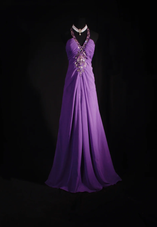 Elegant Sheath Purple Long Prom Dresses V-neck Birthday Dresses Beaded Chiffon Sleevless Evening Dresses DP04428