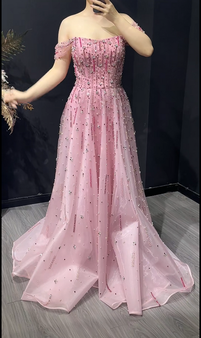 Elegant A-line Pink Long Prom Dresses Appliques Tulle Strapless Birthday Dresses Beaded Sleevless Evening Dresses DP04432