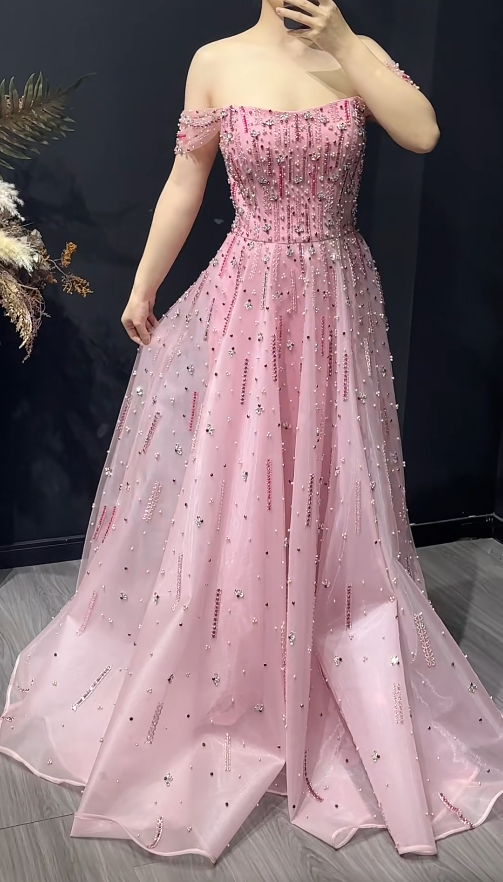 Elegant A-line Pink Long Prom Dresses Appliques Tulle Strapless Birthday Dresses Beaded Sleevless Evening Dresses DP04432