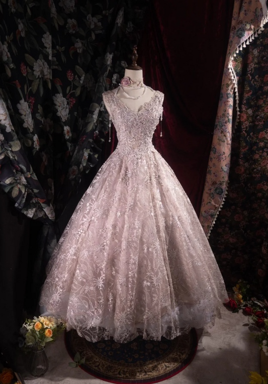 Cute A-line Pink Long Prom Dresses Lace V-neck Birthday Dresses Sleevless Evening Dresses DP04434