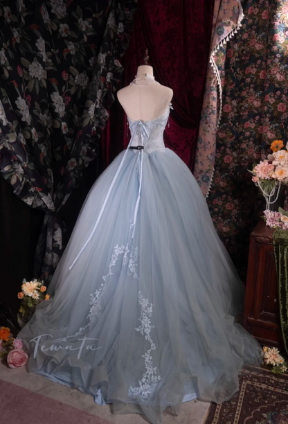 Cute A-line Pale Blue Long Prom Dresses Tulle Strapless Party Dresses Sleevless Evening Dresses DP04435