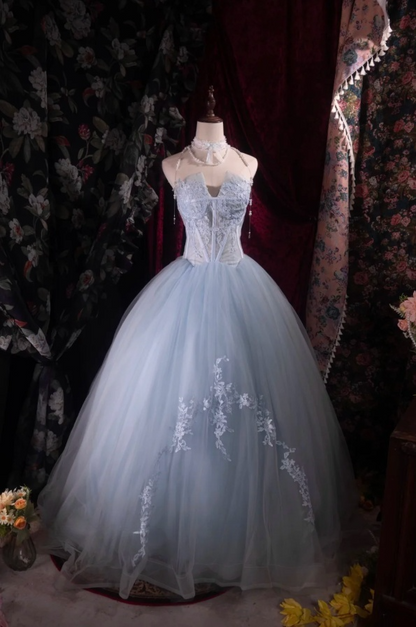 Cute A-line Pale Blue Long Prom Dresses Tulle Strapless Party Dresses Sleevless Evening Dresses DP04435