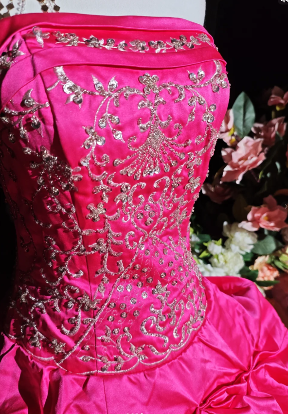 Cute A-line Fuchsia Long Prom Dresses Satin Strapless Quinceanera Dresses Sleevless Sweet 16 Dresses DP04437