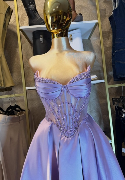 Sexy A-line Purple Long Prom Dresses Satin Stapless Birthday Dresses Sleevless Evening Dresses DP04440