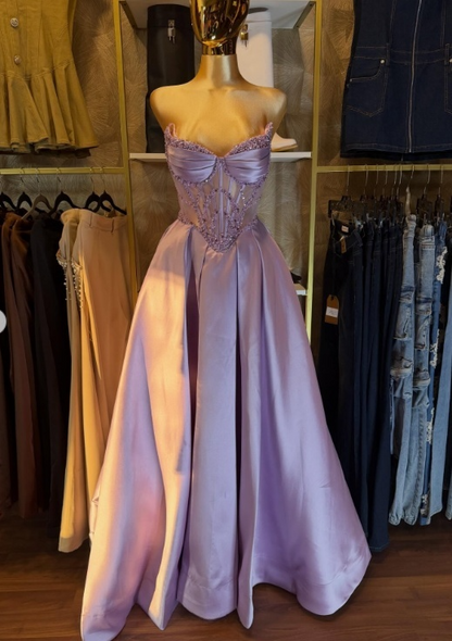 Sexy A-line Purple Long Prom Dresses Satin Stapless Birthday Dresses Sleevless Evening Dresses DP04440