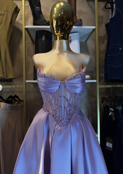 Sexy A-line Purple Long Prom Dresses Satin Stapless Birthday Dresses Sleevless Evening Dresses DP04440