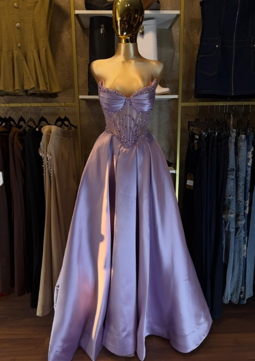 Sexy A-line Purple Long Prom Dresses Satin Stapless Birthday Dresses Sleevless Evening Dresses DP04440
