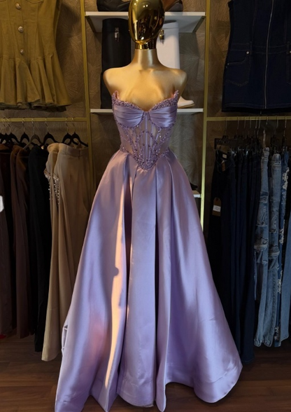 Sexy A-line Purple Long Prom Dresses Satin Stapless Birthday Dresses Sleevless Evening Dresses DP04440
