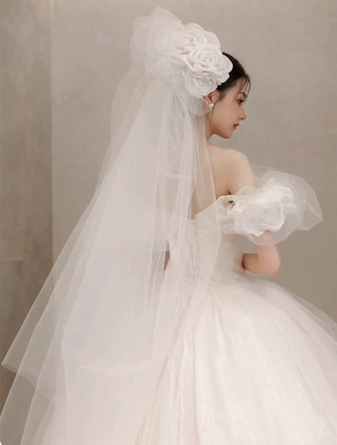 Elegant A-Line Long Weeding Dresses Tulle White Bridal Dresses Cup Sleeves Bridal Gowns DP04448