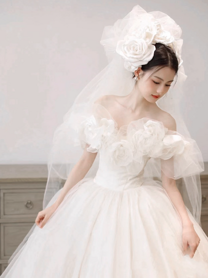 Elegant A-Line Long Weeding Dresses Tulle White Bridal Dresses Cup Sleeves Bridal Gowns DP04448