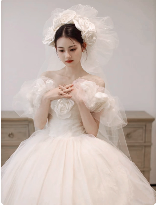 Elegant A-Line Long Weeding Dresses Tulle White Bridal Dresses Cup Sleeves Bridal Gowns DP04448