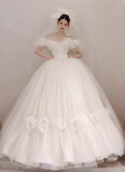 Elegant A-Line Long Weeding Dresses Tulle White Bridal Dresses Cup Sleeves Bridal Gowns DP04448