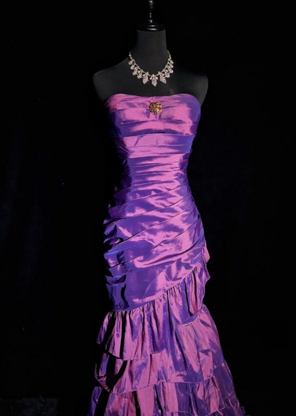 Retro Strapless Mermaid Long Prom Dresses Satin Purple Birthday Drseses Sleeveless Evening Dresses DP04455