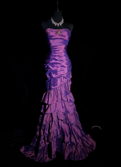 Retro Strapless Mermaid Long Prom Dresses Satin Purple Birthday Drseses Sleeveless Evening Dresses DP04455