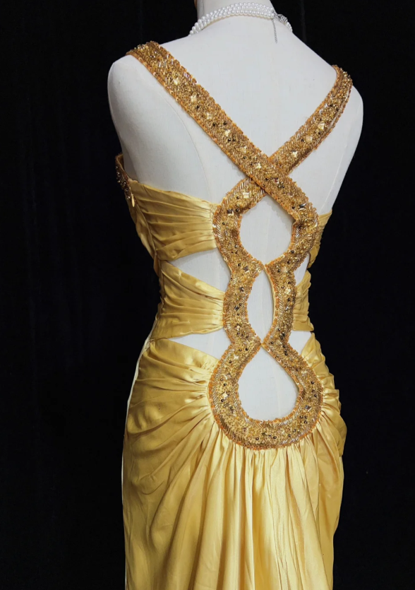 Retro V-Neck Sheath Long Prom Dresses Satin Gold Wedding Guest Drseses Sleeveless Evening Dresses DP04456