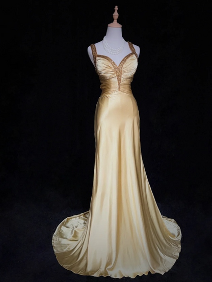 Retro V-Neck Sheath Long Prom Dresses Satin Gold Wedding Guest Drseses Sleeveless Evening Dresses DP04456