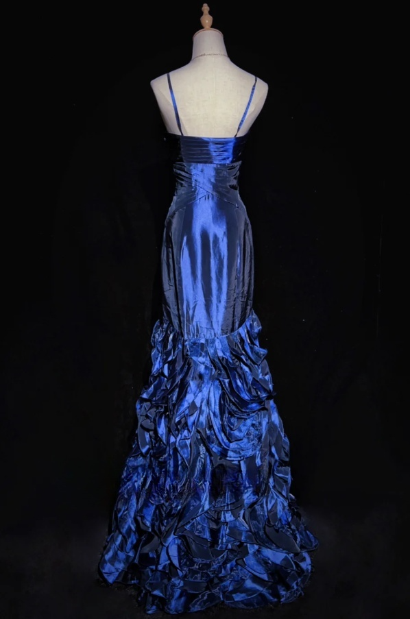 Retro Spaghetti Straps Sheath Long Prom Dresses Satin Blue Birthday Drseses Sleeveless Evening Dresses DP04457
