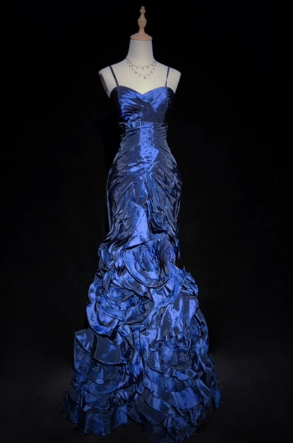 Retro Spaghetti Straps Sheath Long Prom Dresses Satin Blue Birthday Drseses Sleeveless Evening Dresses DP04457