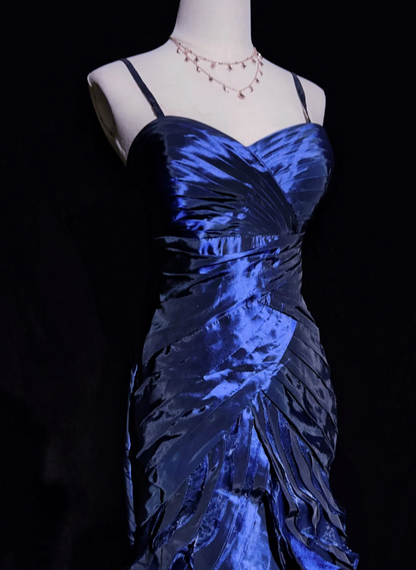 Retro Spaghetti Straps Sheath Long Prom Dresses Satin Blue Birthday Drseses Sleeveless Evening Dresses DP04457