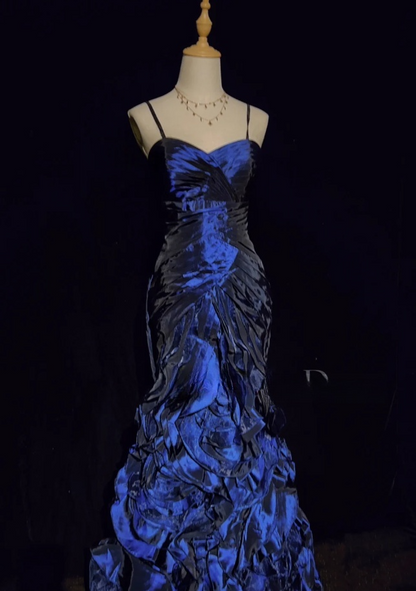 Retro Spaghetti Straps Sheath Long Prom Dresses Satin Blue Birthday Drseses Sleeveless Evening Dresses DP04457