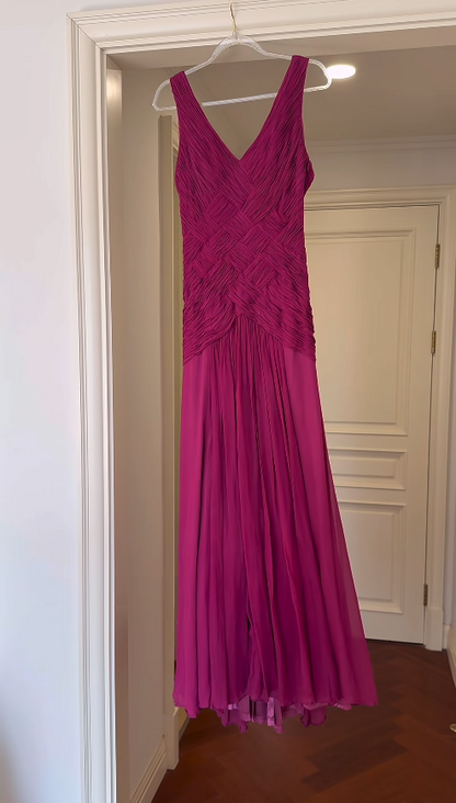Chic V-Neck Sheath Long Prom Dresses Chiffon Fuchsia Birthday Drseses Sleeveless Evening Dresses DP04458