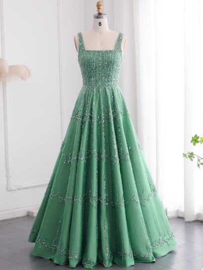 Chic Straps A-Line Long Prom Dresses Sequins Tulle Green Party Dresses Sleeveless Evening Dresses DP04464