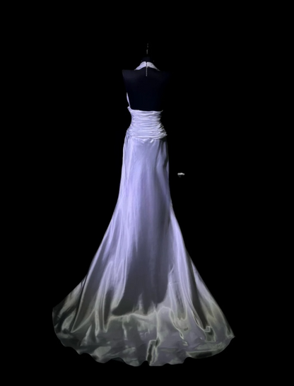 Elegant Halter Sheath Long Prom Dresses Satin Purple Party Dresses Sleeveless Evening Dresses with Open Back DP04465