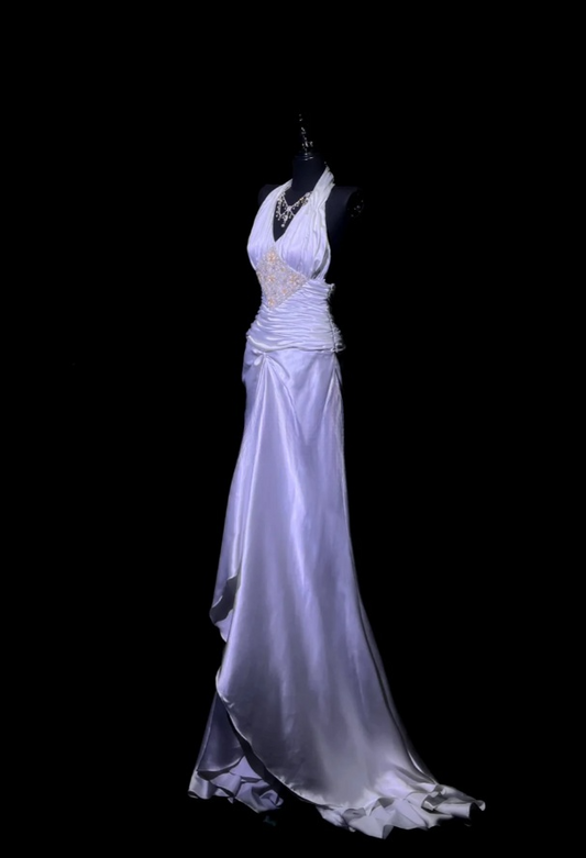 Elegant Halter Sheath Long Prom Dresses Satin Purple Party Dresses Sleeveless Evening Dresses with Open Back DP04465