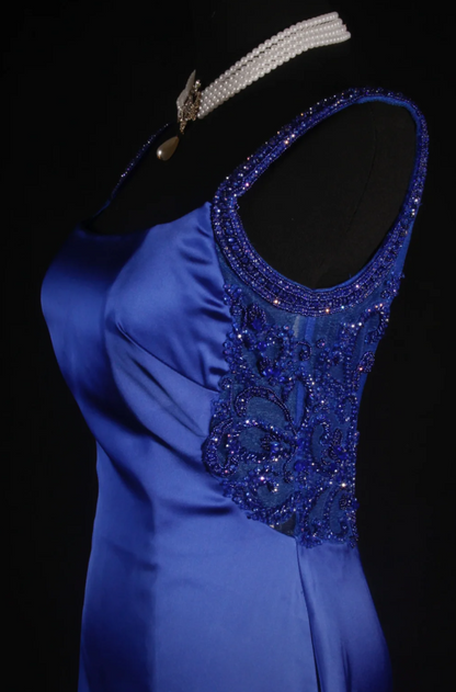 Elegant Straps Sheath Long Prom Dresses Satin Blue Party Dresses Sleeveless Evening Dresses with Open Back DP04466