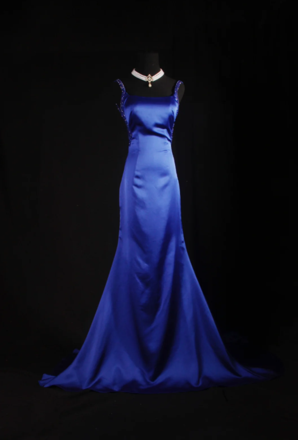 Elegant Straps Sheath Long Prom Dresses Satin Blue Party Dresses Sleeveless Evening Dresses with Open Back DP04466