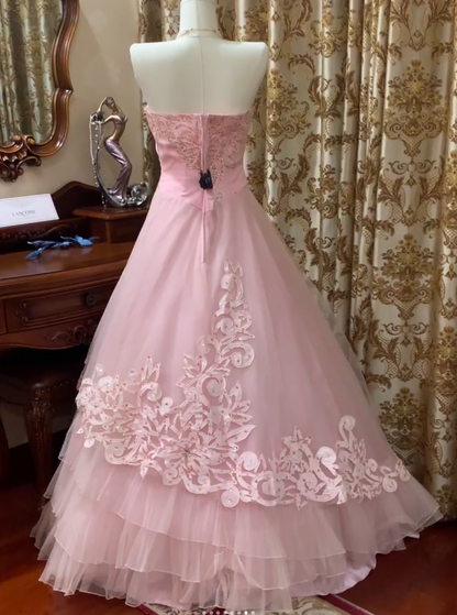 Cute A-Line Long Prom Dresses Tulle Pink Quinceanera Dresses Strapless Sweet 16 Dresses DP04476