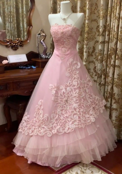 Cute A-Line Long Prom Dresses Tulle Pink Quinceanera Dresses Strapless Sweet 16 Dresses DP04476