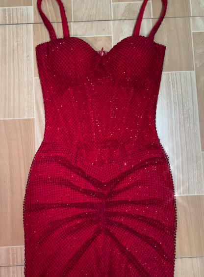 Fashion Burgundy Mermaid Long Prom Dresses Tulle Diamonds Spaghetti Straps Christmas Dresses Sleeveless Evening Dresses DP04482
