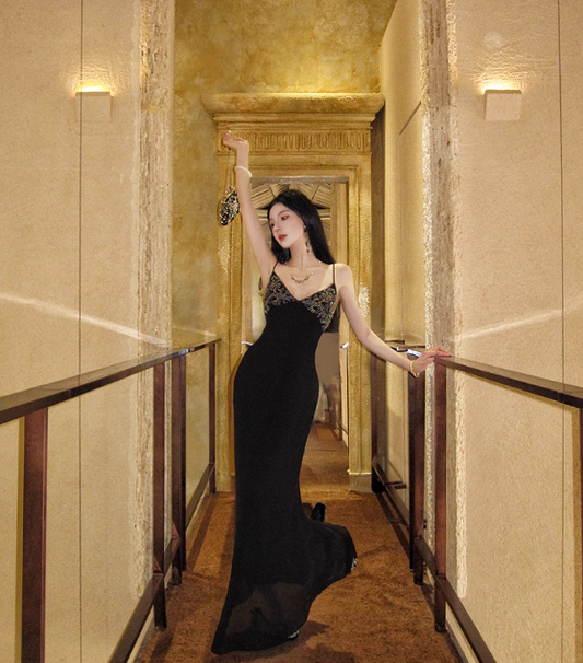Sexy Sheath Black Long Prom Dresses Chiffon Spaghetti Straps Evening Dresses DP04496