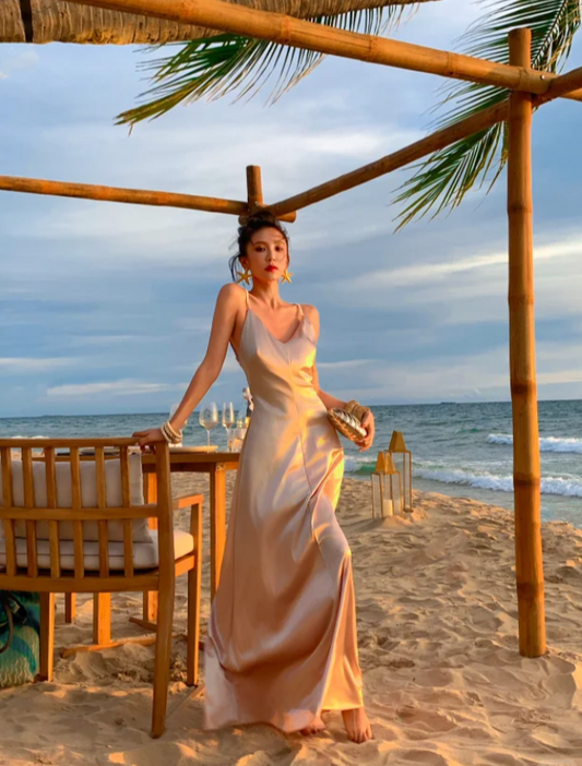 Elegant Spaghetti Straps Sheath Long Prom Dresses Satin Sleeveless Evening Dresses DP04508