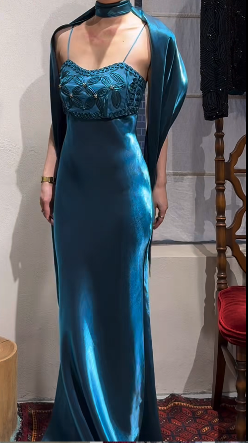 Sexy Sheath Teal Long Prom Dresses Satin Spaghetti Straps Evening Dresses Sleeveless Birthday Dresses DP04513
