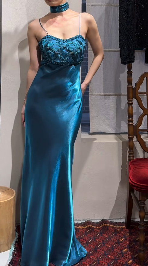 Sexy Sheath Teal Long Prom Dresses Satin Spaghetti Straps Evening Dresses Sleeveless Birthday Dresses DP04513