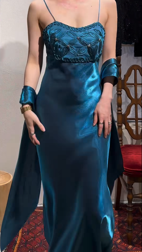 Sexy Sheath Teal Long Prom Dresses Satin Spaghetti Straps Evening Dresses Sleeveless Birthday Dresses DP04513