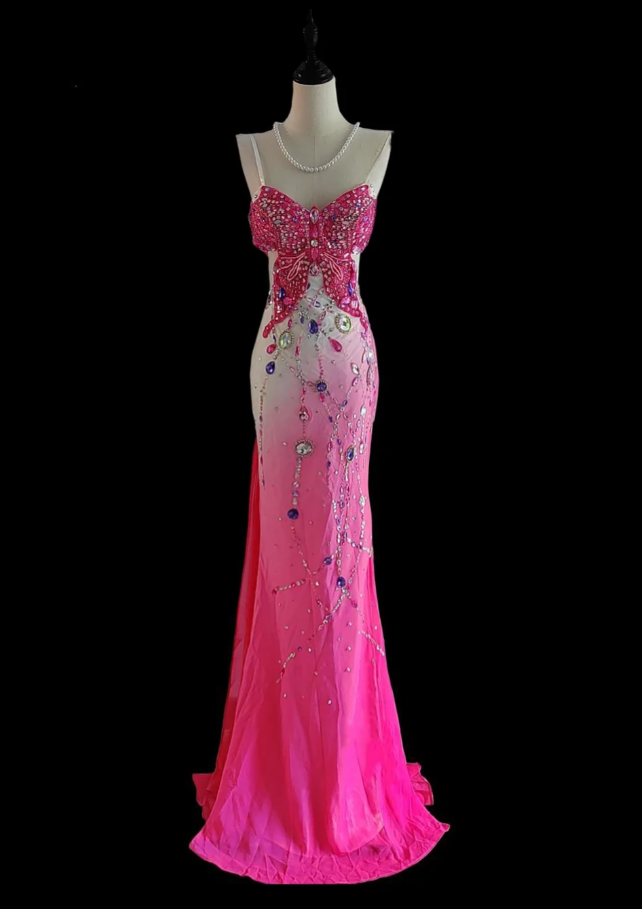 Sexy Pink Sheath Long Evening Dresses Beaded Chiffon Backless Prom Dresses Sleeveless Party Dresses DP04522