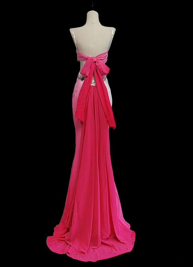 Sexy Pink Sheath Long Evening Dresses Beaded Chiffon Backless Prom Dresses Sleeveless Party Dresses DP04522