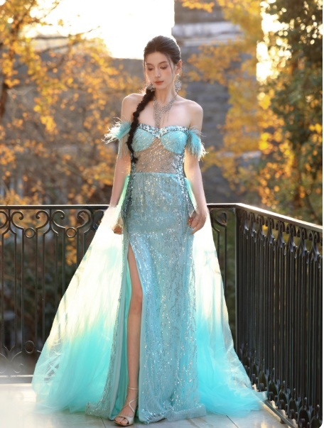 Chic Blue Sheath Long Prom Dresses Beaded Sequins Tulle Off-shoulder Evening Dresses Sleeveless Birthday Dresses DP04534