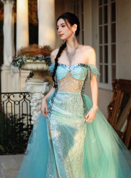Chic Blue Sheath Long Prom Dresses Beaded Sequins Tulle Off-shoulder Evening Dresses Sleeveless Birthday Dresses DP04534